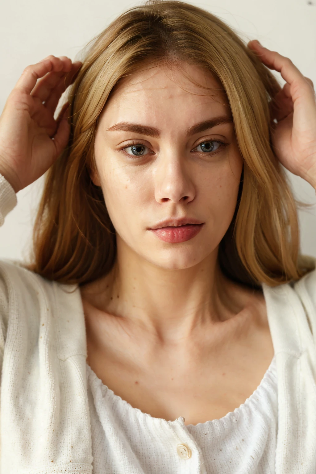 headshot, a woman in a white cardigan, soft colors, masterpiece, high quality, (high detailed skin:1.1)
87j3n