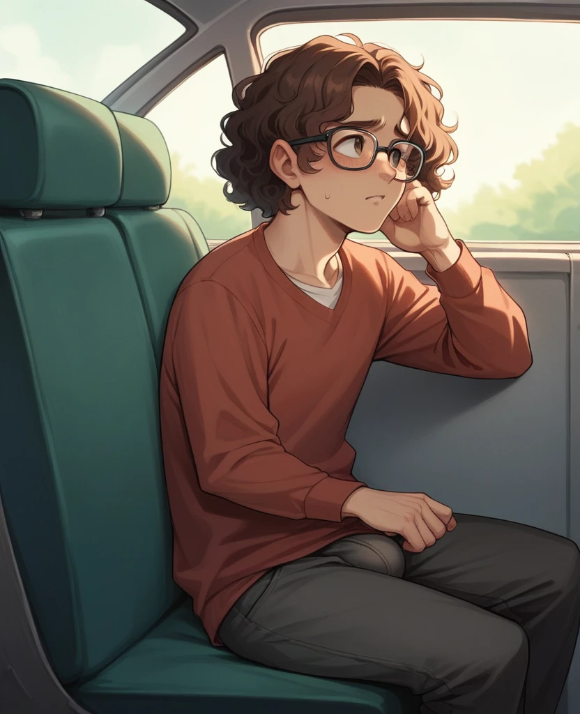 1 chico, with glasses, curly hair, brown hair, about 19 years old, seated, in the back seat of a bus, looking to the camera, shy, handsome. He has a large bulge in his crotch that shows that he has a large penis