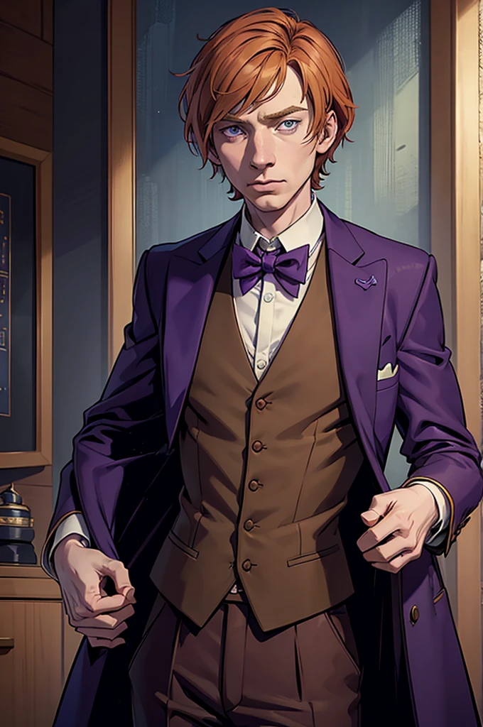 Domhnall Gleeson as The Doctor (Doctor Who), purple overcoat, brown suit vest, bow tie