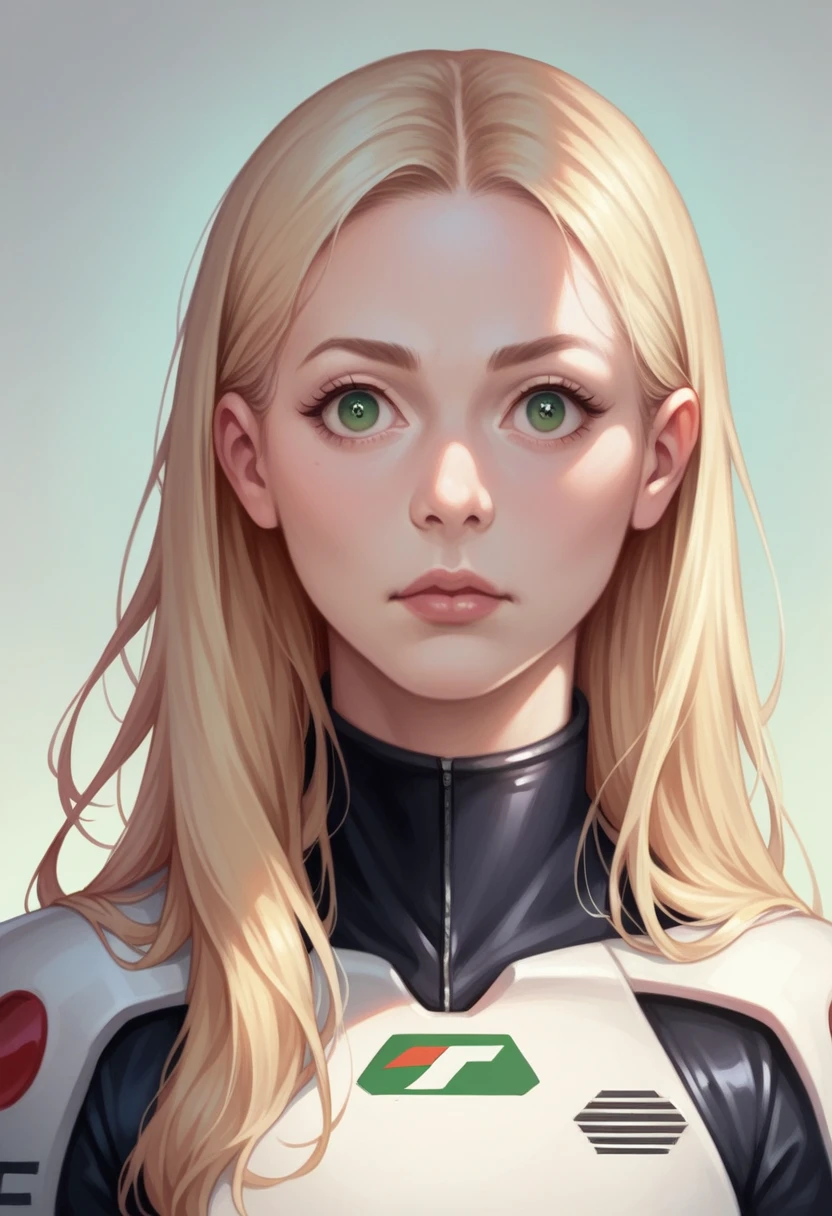 a young woman with blonde hair, green eyes, almond-shaped eyes, round face, wearing a Ferrari racing suit, realistic, human, long hair, photorealistic