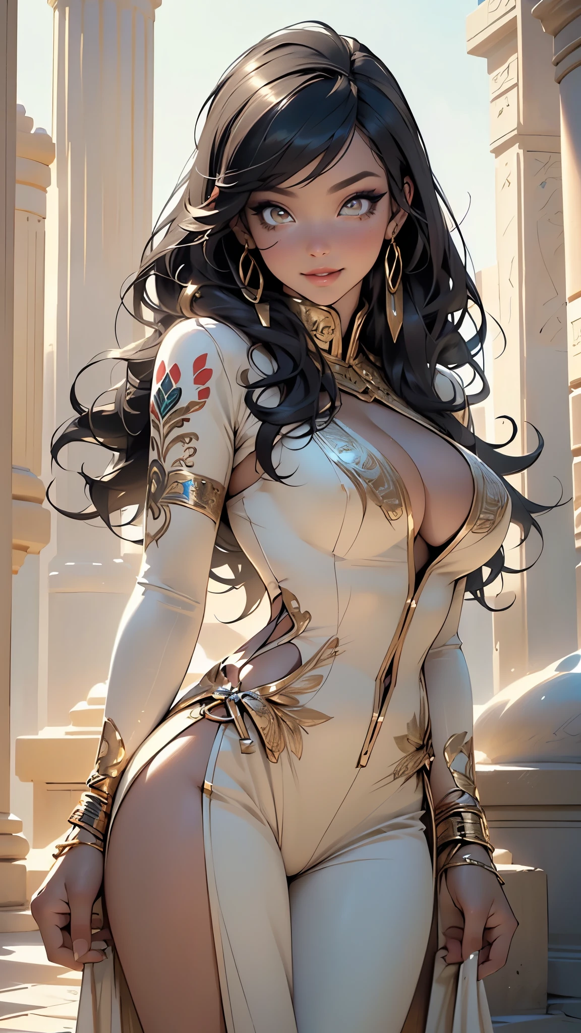 woman from ancient Egypt,1female,((milf,mom,mature,mature woman,45 years old female,adult)),
(large breasts:1.5),saggy breasts,(((black hair:1.4,straight hair,long hair:1.4,colored inner hair))),(((gold_eyes:1.3))),intricate eyes,beautiful detailed eyes,symmetrical eyes,((((dark skin:1.4,lustrous skin:1.5,bright skin: 1.5,skin tanned,shiny skin,very shiny skin,shiny body)))),(spider lower abdomen,narrow waist,wide hip,bimbo body,inflated legs,thick thighs),(((detailed face))),beautiful detailed lips,
(cute,slutty,sensual,seductive look,seductive,((erotic)),opulent,sumptuous,(((nsfw)))),
revealing clothing,show skin,cleavage,(barefoot,),princess,goddess,beautiful black clothes: 1.3,fantasy,((black silk:1.3)),(robe top),((eyeshadow,egyptian makeup,eyelid makeup,gold lips,gold lipstick)),(((Transparent cloth,wet clothes,intricate outfit,embroidered outfit,ornate outfit,intricate clothes,embroidered clothes,ornate clothes))),
dynamic and seductive pose,looking at viewer,(smirk,beautiful smile),centered,scale to fit dimensions,Rule of thirds,
indoors,(Egyptian tomb, Ancient Egypt, Egyptian temple, Egyptian tomb in the background),scenery,extremely scenery,Egypt style,
(Glossy Egyptian ornaments),highres,sharp focus,(ultra detailed,extremely detailed),(photorealistic artwork:1.37),(extremely detailed CG unity 8k wallpaper),(((vibrant colors,vibrant theme))),(intricate),(masterpiece),(best quality),artistic photography,(photography taken by sldr),(intricate background),perfect rendered face,perfect face details,realistic face,photo realistic,((intricate detail)),(((realism))),