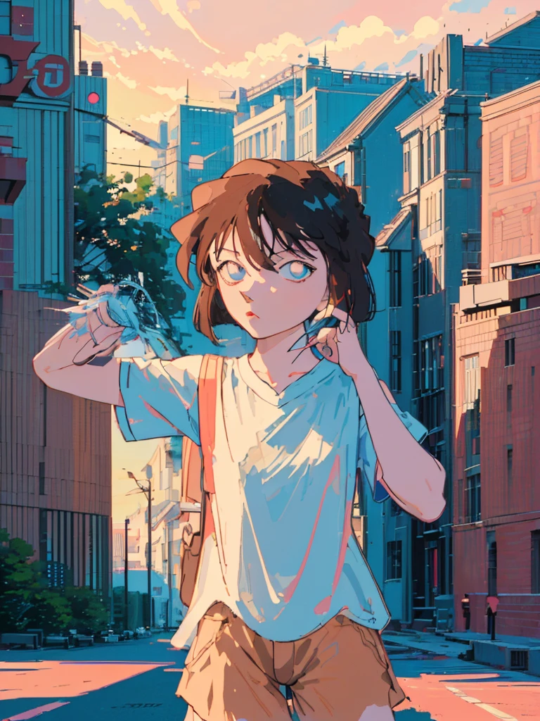 masterpiece, best quality, beautiful face, (street, upper body:1.4), anime style, (1girl in, Solo:1.0), (Haibara Ai), ((Short pants)), (((Big eyes))), (Cute anime girl head), (flat chest),looking at viewer,With a height of 100cm, shoot from front, (head shot), Simple line minimalism, Abstract Art, City background