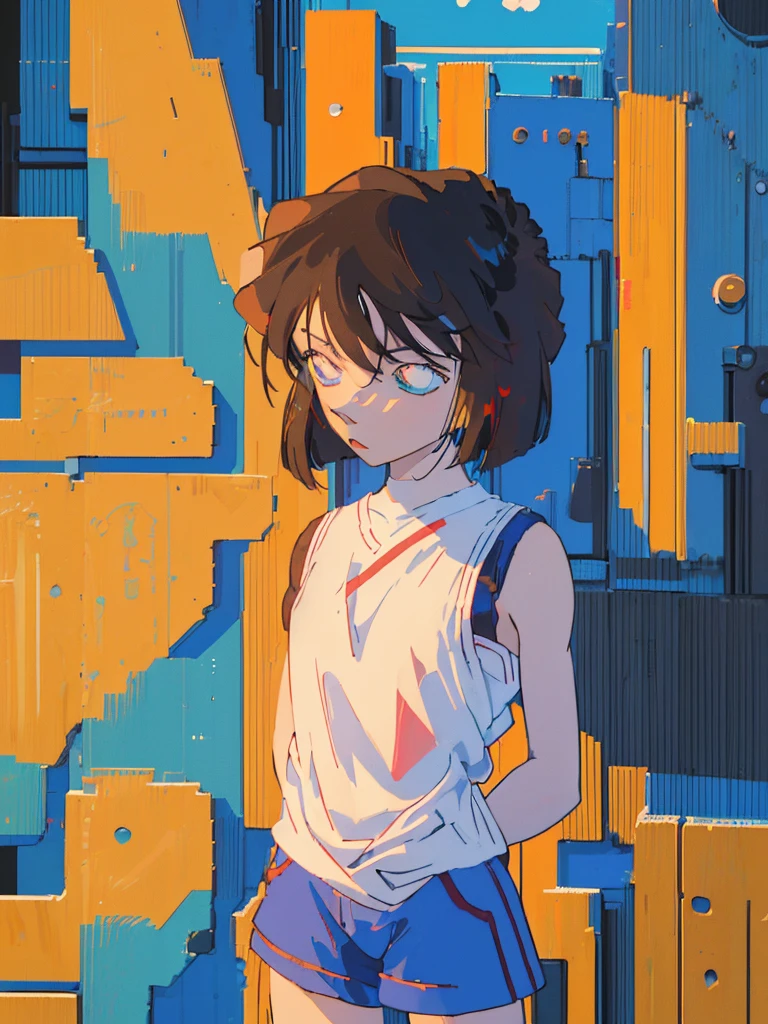 masterpiece, best quality, beautiful face, (street, upper body:1.4), anime style, (1girl in, Solo:1.0), (Haibara Ai), ((Short pants)), (((Big eyes))), (Cute anime girl head), (flat chest),looking at viewer,With a height of 100cm, shoot from front, (head shot), Simple line minimalism, Abstract Art, City background