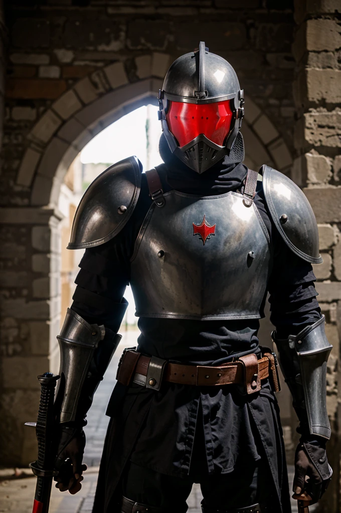 Knight with armor black and red with gun and sword