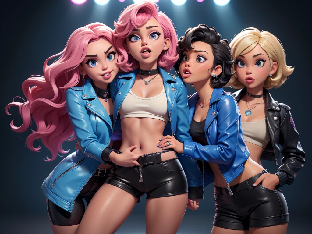 obra prima, melhor qualidade, ((miley cyrus, tan skin, wavy bob hair, open mouth, sticking tongue out side of mouth,)) head back, (sassy wicked sultry sneer, big teeth smile,) open mouth, pucker mouth, shiny periwinkle lipstick, sunglasses, ((thick smoky black eye shadow, long fake eyelashes, sticking tongue out,)) (cerulean blue leather jacket with puff shoulder,) biker jacket has stiff collar, leather blouse, ((magenta pvc shorts, pockets, unzipped front,)) studs zippers snaps, shiny leather gloves, nip slip, body is skinny, laying down hugging each other on sofa, shiny tight buttocks, arched back, mashing breasts, ((passionate kissing, pelvis grinding,)) camera view of whole body, looking up at me, shallow depth of field, highres, HD, 8k, anatomically correct