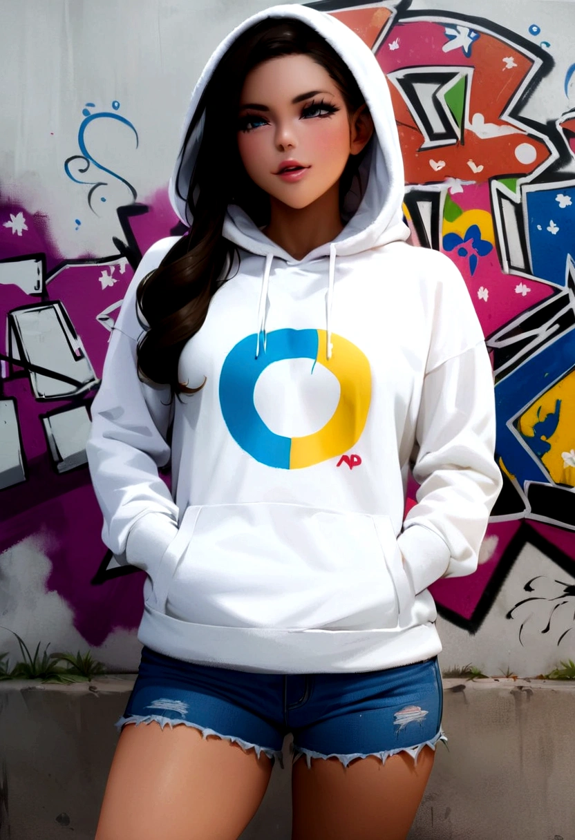 Masterpiece, Best Quality, high resolution, girls hoodie, serena de pokemon, behind graffiti