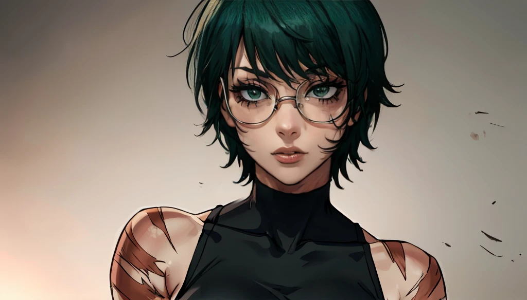 (masterpiece:1.2, best quality:1.2, beautiful, high quality, highres:1.1), detailed, short hair, short fluffy hair, short green hair, extremely detailed 4K, perfect eyes, perfect face, scars on body, scars on face, dangerous, exotica, bandage on eye, scar on eye, Maki Zenin, scar on body, very short hair, circle glasses, Maki Zenin LoRA, black shirt, scar on eye, scars, sleeveless, crop top, beautiful face, perfect lighting, (1girl, solo, adult female, mature female), thin, lithe body, Maki Zenin, green hair, glasses, (big breasts), ((sensual seductive))