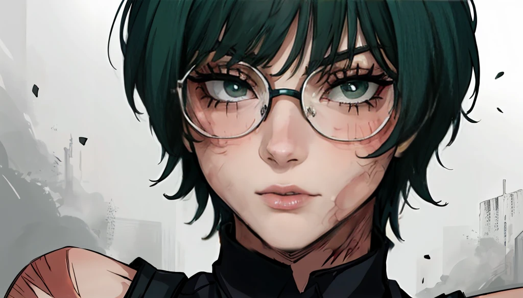 (masterpiece:1.2, best quality:1.2, beautiful, high quality, highres:1.1), detailed, short hair, short fluffy hair, short green hair, extremely detailed 4K, perfect eyes, perfect face, scars on body, scars on face, dangerous, exotica, bandage on eye, scar on eye, Maki Zenin, scar on body, very short hair, circle glasses, Maki Zenin LoRA, black shirt, scar on eye, scars, sleeveless, crop top, beautiful face, perfect lighting, (1girl, solo, adult female, mature female), thin, lithe body, Maki Zenin, green hair, glasses, (big breasts), ((sensual seductive))