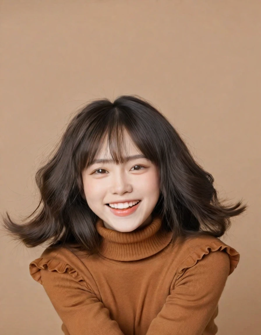 This image depicts a happy young girl exercising, Her hair was ruffled by her movements.. She squinted，Show a happy expression, Radiates energy and vitality. She was wearing a solid turtleneck sweater, Opposition to neutrality, Warm brown background. Dynamic lighting highlights her facial features, Subject in sharp focus，Stop-motion effects capture the spontaneity and energy of youth. Soft shadows add depth to the scene, Artfully balanced contrasts highlight details. This painting reflects the carefree and happy youth.