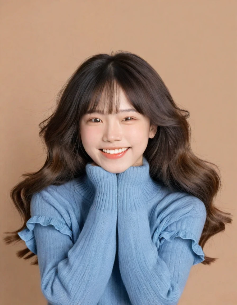 This image depicts a happy young girl exercising, Her hair was ruffled by her movements.. She squinted，Show a happy expression, Radiates energy and vitality. She was wearing a solid turtleneck sweater, Opposition to neutrality, Warm brown background. Dynamic lighting highlights her facial features, Subject in sharp focus，Stop-motion effects capture the spontaneity and energy of youth. Soft shadows add depth to the scene, Artfully balanced contrasts highlight details. This painting reflects the carefree and happy youth.