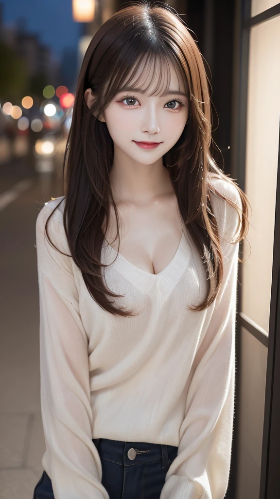 table top, highest quality, figure, super detailed, finely, High resolution, 8k wallpaper, Perfect dynamic composition, beautiful and fine eyes, Women's fashion in winter,straight hair,small breasts、natural color lip, bold sexy pose,smile、20 year old girl、cute、sexy shot looking at camera,night scene,beautiful detailed face、KPOP idol face,japan idol face,elegant face,a classy woman,Slim face and body,small face,Big eyes,Very cute face,Do gal makeup
