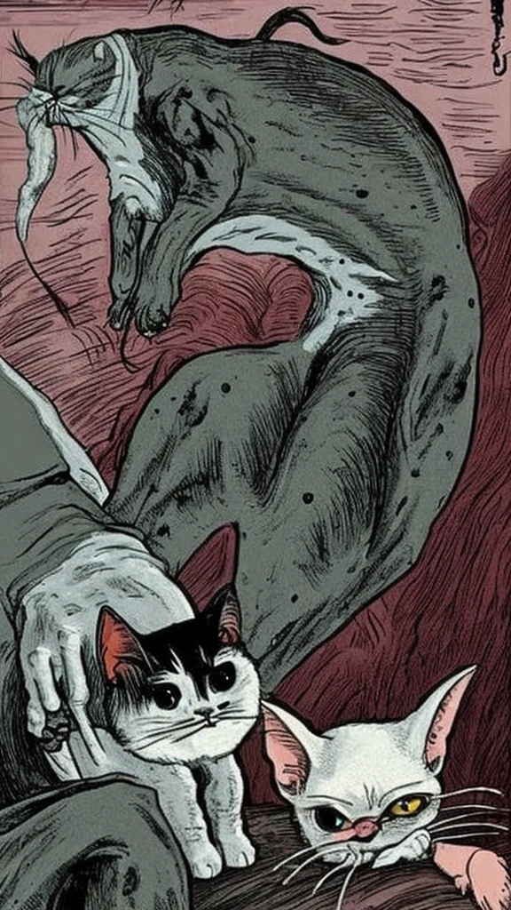 An old woman is born from a cat, a natural threat, horror, and disgusting