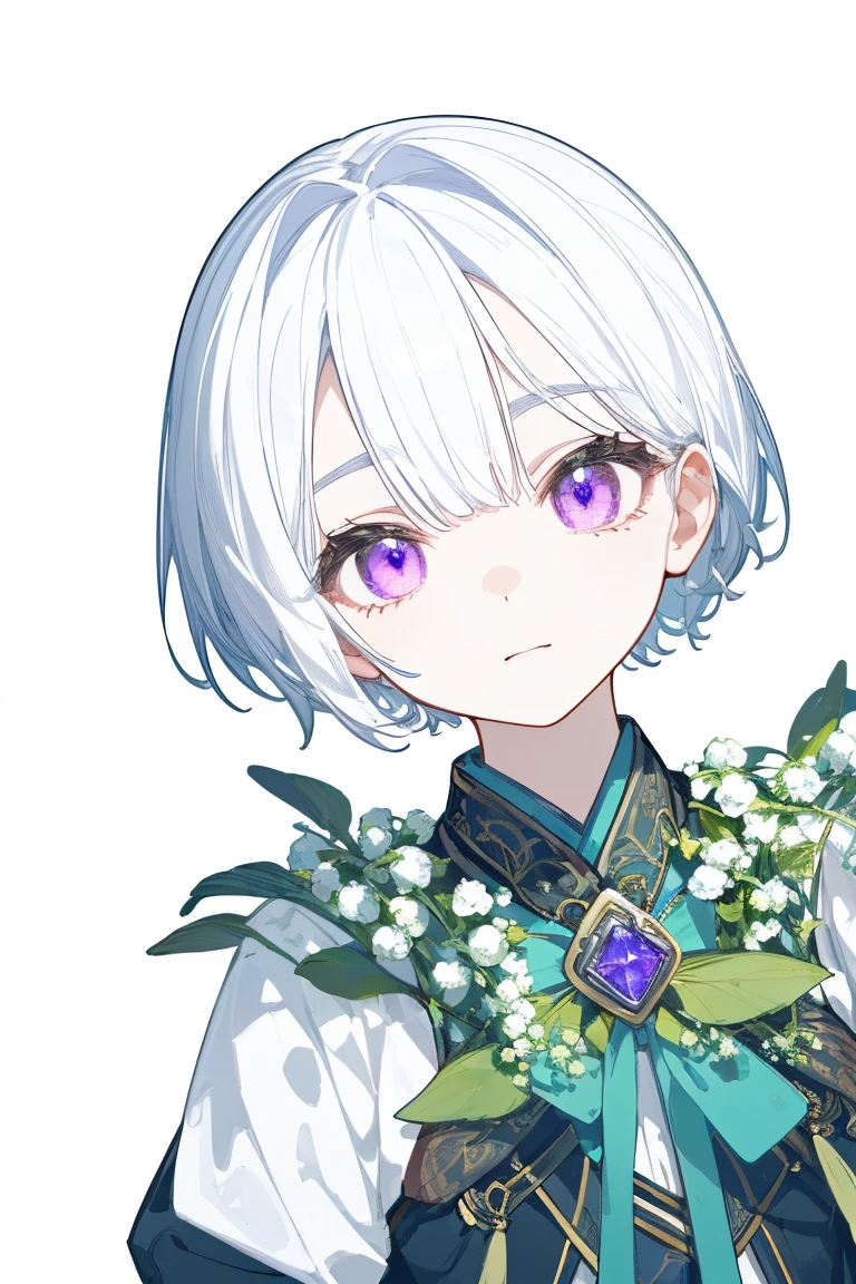 masterpiece, Best lighting, (((Super detailed))), Highest quality, lilac, Forest Fairy, Lily of the valley, ((The Mysterious Forest Boy)), Perfect Anatomy,  Cute Boys, Great body, The perfect proportions,  (((Face close-up))), (((vtuber-halfbodyl))、 Korean Eye Makeup, No background, Blank Background, ((((((White Background)))))))