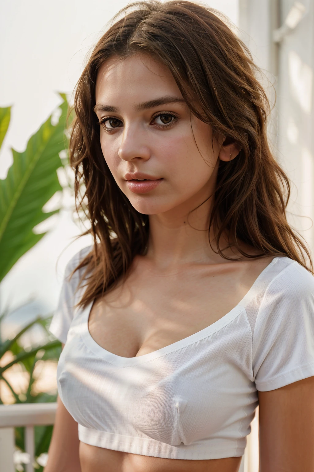 Realistic photo of a beautiful 3m1lyr-v2 woman, 1girl, solo, long hair, breasts, looking at viewer, simple background, brown hair, shirt, brown eyes, medium breasts, collarbone, white shirt, upper body, parted lips, teeth, lips, crop top, forehead, realistic, nose, soft lighting, professional Photography, Photorealistic, detailed, RAW, analog, sharp focus, 8k, HD, high quality, masterpiece