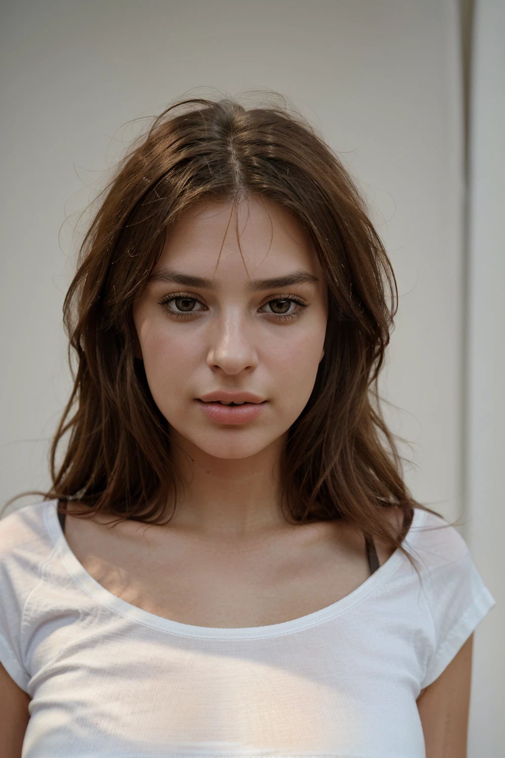 Realistic photo of a beautiful 3m1lyr-v2 woman,  1girl, solo, long hair, breasts, looking at viewer, simple background, brown hair, shirt, brown eyes, medium breasts, collarbone, white shirt, upper body, parted lips, teeth, lips, crop top, forehead, realistic, nose, soft lighting, professional Photography, Photorealistic, detailed, RAW, analog, sharp focus, 8k, HD, high quality, masterpiece