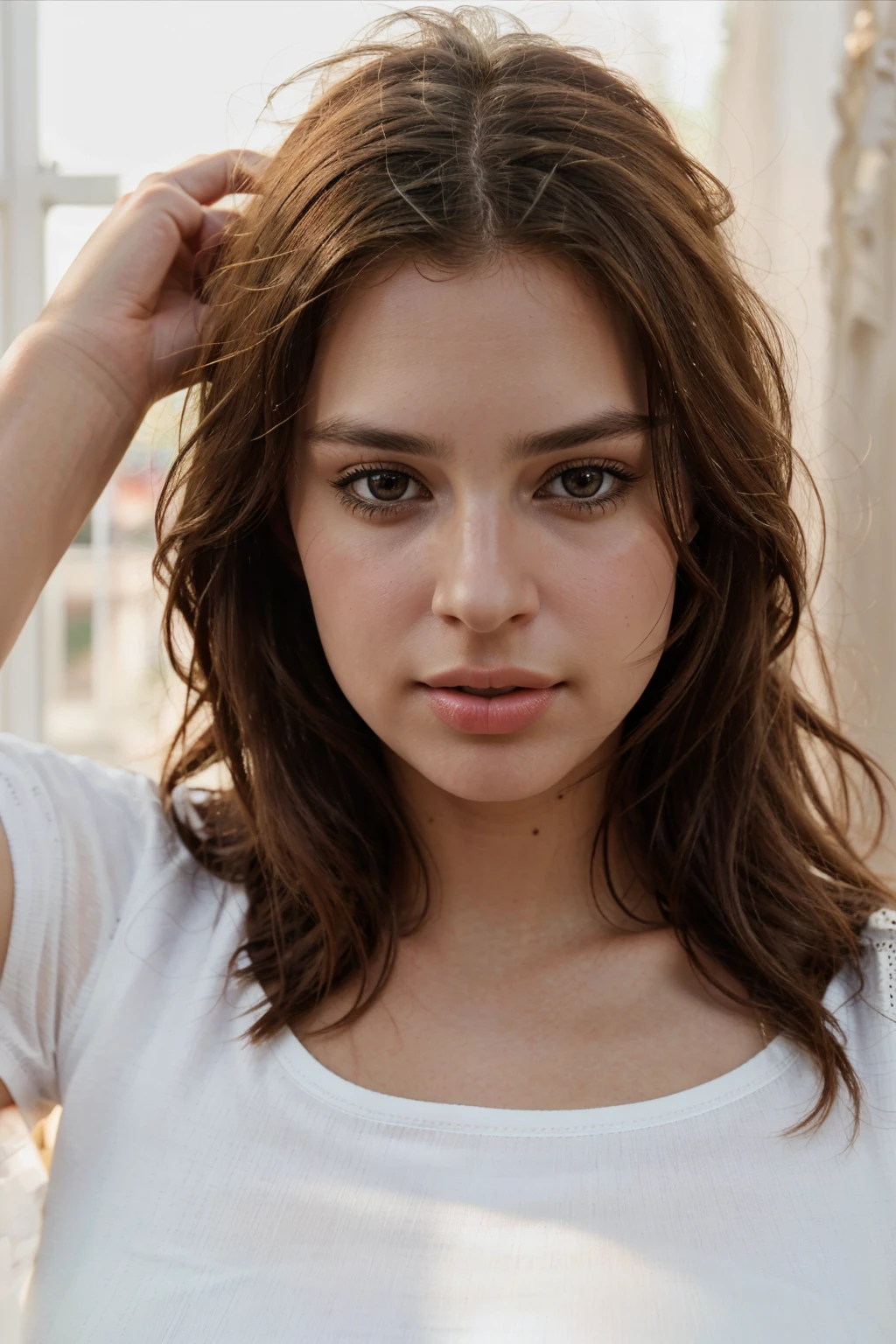 Realistic photo of a beautiful 3m1lyr-v2 woman, 1girl, solo, long hair, breasts, looking at viewer, simple background, brown hair, shirt, brown eyes, medium breasts, collarbone, white shirt, upper body, parted lips, teeth, lips, crop top, forehead, realistic, nose, soft lighting, professional Photography, Photorealistic, detailed, RAW, analog, sharp focus, 8k, HD, high quality, masterpiece
