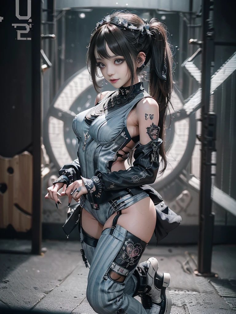 (Full Body View:1.3)、(Side view:1.1)、(Smiling with teeth showing:1.3),(Shibuya Gal:1.5)、(Gothic ta style fashion:1.5)、(Punk RockVisual Kei:1.5)、(Wearing a rhythmic gymnastics bodysuit with intricate details:1.4)、(Racing suit and pants with intricate decorations in white, denim and charcoal:1.5)、(Denim and light blue and white boots:1.3)、((belt))、(Numerous delicate logo marks all over the costume:1.4)、(collar:1.3)、(Striped underwear:1.5)、20-year-old、NSFW、((Highest quality、In 8K、masterpiece:1.3))、Sharp focus:1.2、(Layered Cut、Huge boobs:1.1),Beautiful woman with perfect figure:1.4、(Dancing vigorously:1.3)、Slender Abs:1.2、Highly detailed face and skin texture、Detailed eyes、double eyelid,(Twin tails:1.3)、(Brown Hair:1.3)、Gravure idol、(The background is the stage of the fashion show:1.3)、(Slim body:1.3),(Make your legs thinner:1.4),(clavicle:1.1)、(Thin and slim thighs:1.3)