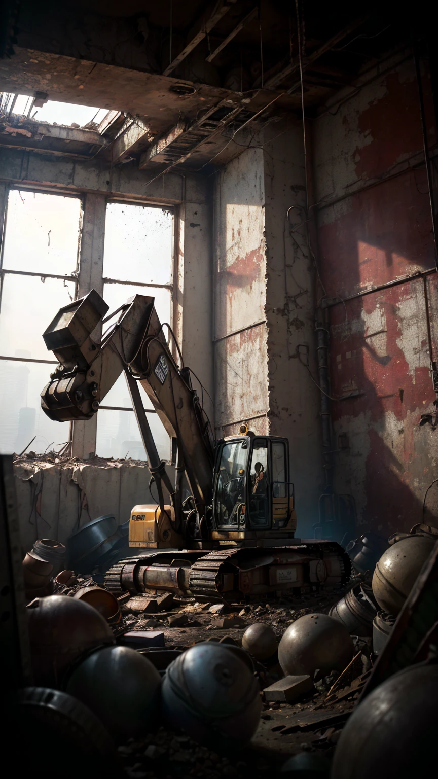(Best Quality,4k,8k,high resolution, Masterpiece:1.2),ultra detailed, sharp focus,(realist,photorealist,photo-realist:1.37),extremely fine details, intricate details,vivid colors,intense colours,Deep contrast,cinematic depth of field,cinematographic composition,cinematic camera angle(Photography focused on abandoned industrial machinery.), abandoned coal mine landscape, machine placed, ((excavator, abandoned cars,abandonado Heavy equipment, industrial waste)), quiet, Lonely, minimalist, industrial environment, Heavy equipment, spiderweb, dusty, Disturbing silence, crumbling walls, oxide, overgrown vegetation, Remnants of past activities, dark space, broken window, calm colors, mysterious atmosphere