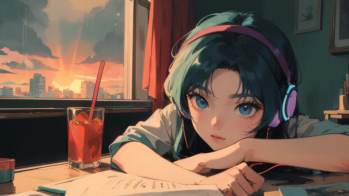 アニメ girl sitting on floor looking out window at city, アニメ aesthetic, アニメ vibes, lofi artstyle, Lo-fi portrait by the window, Watching the Sunset. アニメ, Lofty Girl, アニメ art wallpaper 4 k, アニメ art wallpaper 4k, アニメ art wallpaper 8 k, アニメ background art, Lofi Color, Lofi Art, アニメ asthetic,masterpiece, Highest quality, Rainbow Style, アニメ, Beautiful Asian Girl, Along the Hawaiian Coast, Cute and dreamy,アニメ,Illustrator,LOFI Girl, Blues,landscape,Sunset, night、Girl listening to music in a cozy room, Use headphones, 2D Style Anime, Rain outside the window、Analog Color Theme、Ghibli style,、Tokyo, modern