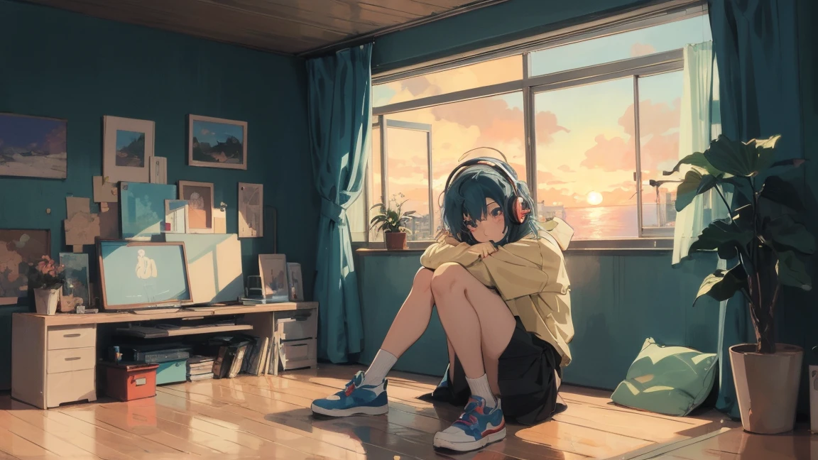 アニメ girl sitting on floor looking out window at city, アニメ aesthetic, アニメ vibes, lofi artstyle, Lo-fi portrait by the window, Watching the Sunset. アニメ, Lofty Girl, アニメ art wallpaper 4 k, アニメ art wallpaper 4k, アニメ art wallpaper 8 k, アニメ background art, Lofi Color, Lofi Art, アニメ asthetic,masterpiece, Highest quality, Rainbow Style, アニメ, Beautiful Asian Girl, Along the Hawaiian Coast, Cute and dreamy,アニメ,Illustrator,LOFI Girl, Blues,landscape,Sunset, night、Girl listening to music in a cozy room, Use headphones, 2D Style Anime, Rain outside the window、Analog Color Theme、Ghibli style,、Tokyo, modern