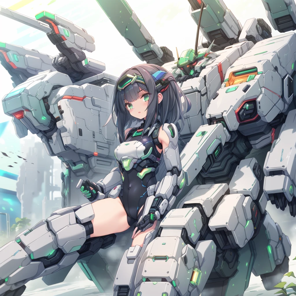 (masterpiece:1.2), best quality, high resolution, extremely detailed CG, absurdres, highres, Sci-fi world, a girl in black_bodysuit sits inside a ((green_machine)) with giant robot arms and legs on a battlefield, and the girl holds the lever of the machine,Colorful portraits