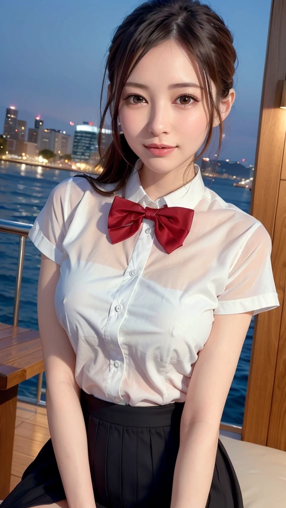 (8k, RAW photo, best quality, masterpiece:1.2), (realistic, photo-realistic:1.37), ultra-detailed, 1 girl,cute, solo,beautiful detailed sky,detailed cafe,night,sitting,dating,(nose blush),(smile:1.1),(closed mouth), medium breasts,beautiful detailed eyes,(collared shirt:1.1), bowtie,pleated skirt,(short hair:1.2),floating hair