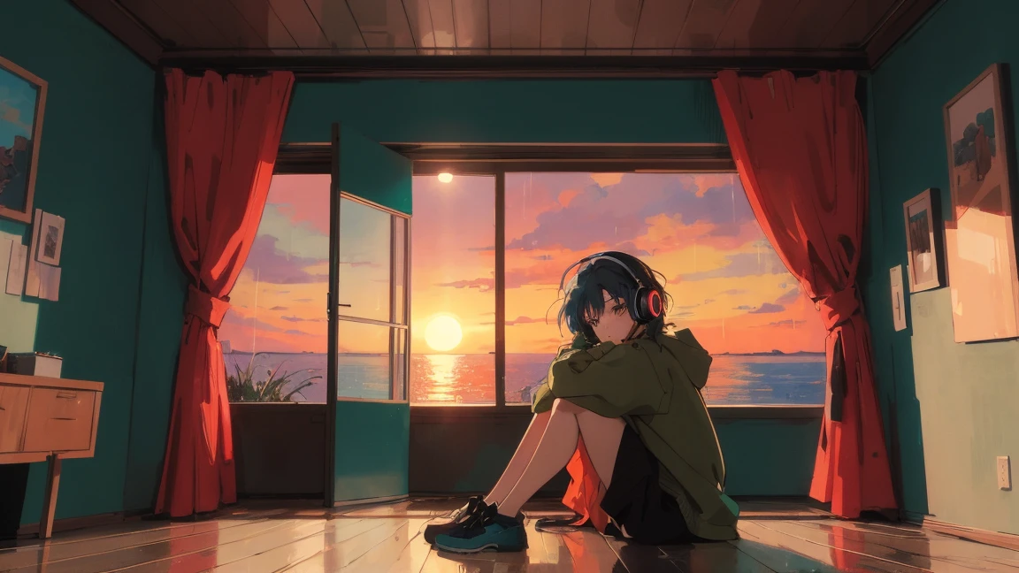 アニメ girl sitting on floor looking out window at city, アニメ aesthetic, アニメ vibes, lofi artstyle, Lo-fi portrait by the window, Watching the Sunset. アニメ, Lofty Girl, アニメ art wallpaper 4 k, アニメ art wallpaper 4k, アニメ art wallpaper 8 k, アニメ background art, Lofi Color, Lofi Art, アニメ asthetic,masterpiece, Highest quality, Rainbow Style, アニメ, Beautiful Asian Girl, Along the Hawaiian Coast, Cute and dreamy,アニメ,Illustrator,LOFI Girl, Blues,landscape,Sunset, night、Girl listening to music in a cozy room, Use headphones, 2D Style Anime, Rain outside the window、Analog Color Theme、Ghibli style,、Tokyo, modern