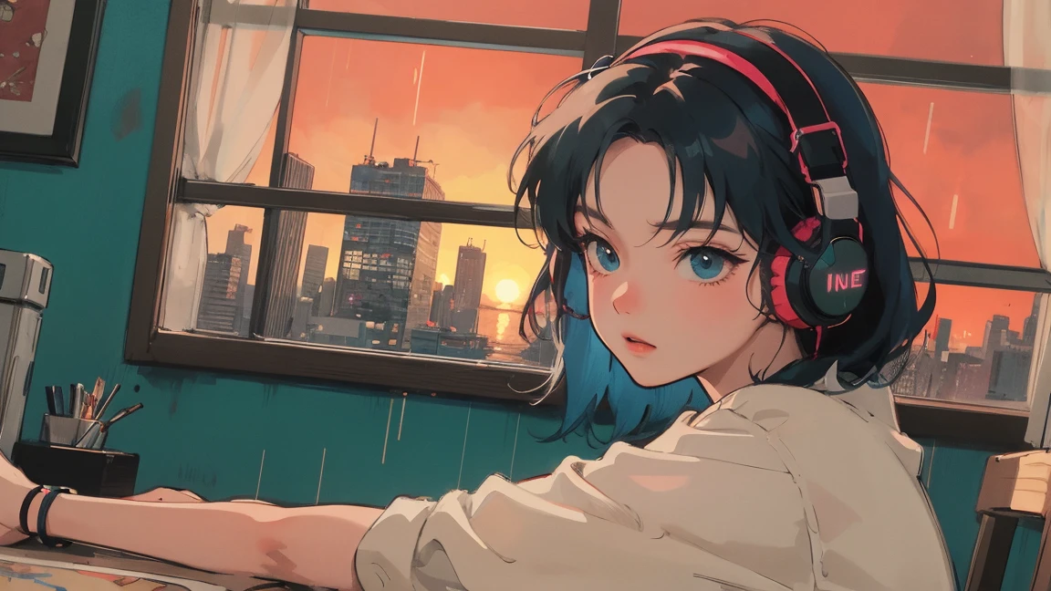 アニメ girl sitting on floor looking out window at city, アニメ aesthetic, アニメ vibes, lofi artstyle, Lo-fi portrait by the window, Watching the Sunset. アニメ, Lofty Girl, アニメ art wallpaper 4 k, アニメ art wallpaper 4k, アニメ art wallpaper 8 k, アニメ background art, Lofi Color, Lofi Art, アニメ asthetic,masterpiece, Highest quality, Rainbow Style, アニメ, Beautiful Asian Girl, Along the Hawaiian Coast, Cute and dreamy,アニメ,Illustrator,LOFI Girl, Blues,landscape,Sunset, night、Girl listening to music in a cozy room, Use headphones, 2D Style Anime, Rain outside the window、Analog Color Theme、Ghibli style,、Tokyo, modern