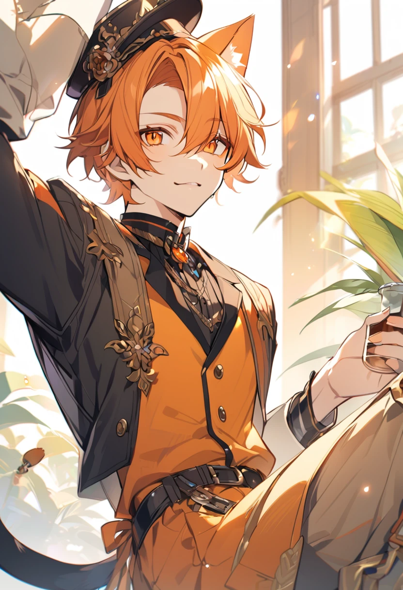 boy, solo, handsome, orange hair, orange eyes, cat ears, 