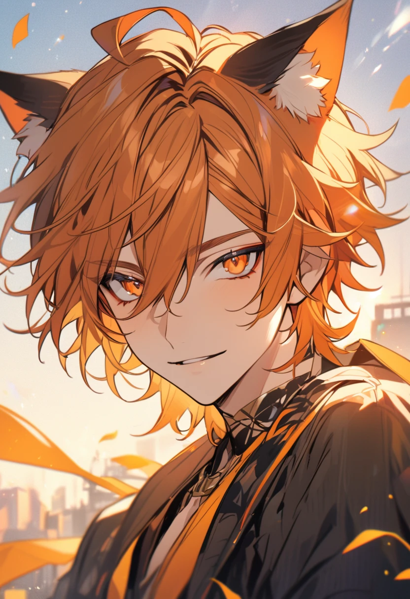 boy, solo, handsome, orange hair, orange eyes, cat ears,