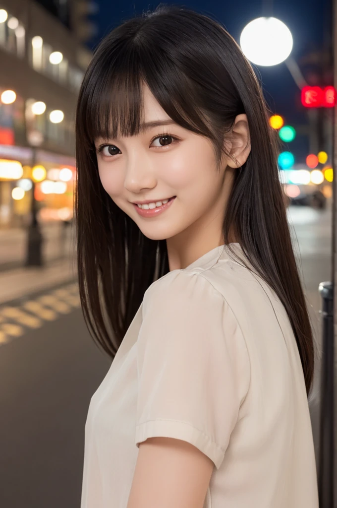 1 girl, (Wearing a light-colored shirt,:1.2), Very beautiful Japanese idol photos,
(original photo, best quality), (actual, Realistic:1.4), (masterpiece),
Very delicate and beautiful, Very detailed, 2k wallpaper, wonderful, finely, Very detailed CG Unity 8K 壁紙, Very detailed, High resolution, Soft Light,
Beautiful and meticulous girl, Very detailed目と顔, Beautiful and detailed nose, finelyて美しい目, theater lighting,
(A street corner at night:1.3),
(Parted bangs),
Complete anatomy, Slender figure, Small Breasts, Smile