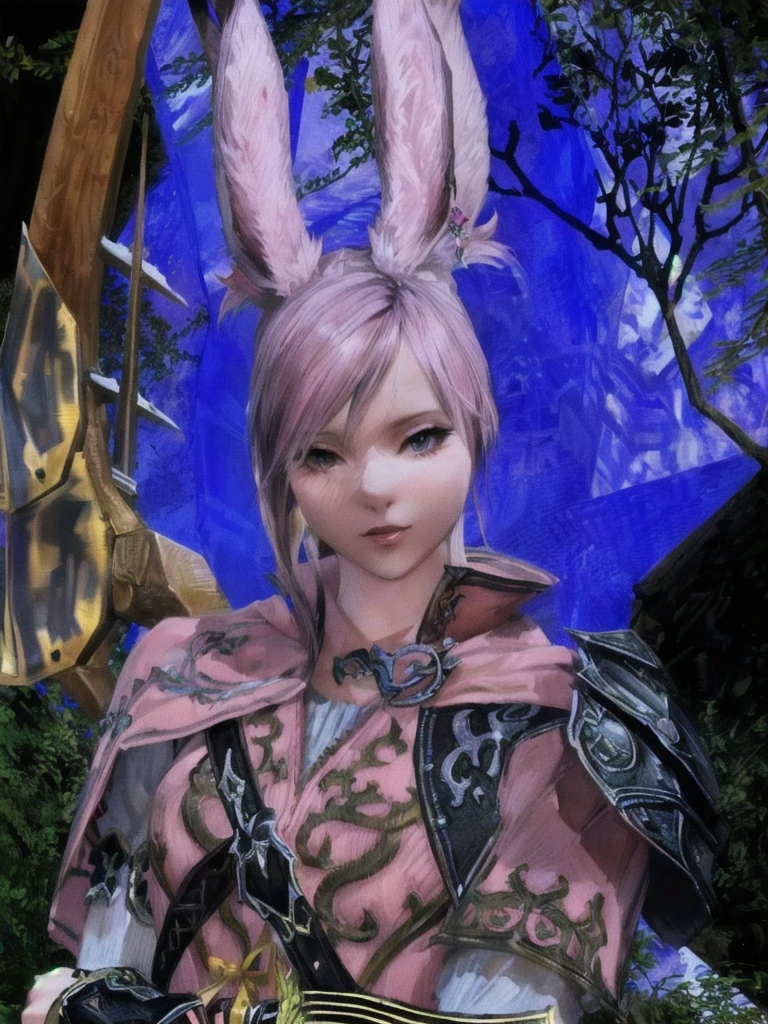 There is a woman with a rabbit ear and a pink suit, final fantasy style 14, Final Fantasy 1 4, Final Fantasy XIV, wearing cyber bunny ears, final fantasy 14 sharp, ffxiv cielo, wearing a pink rabbit costume, with rabbit ears, ffxiv, the bunny has pink fur, Final Fantasy 1 4 screenshot, Sexy bunny ears on the beach