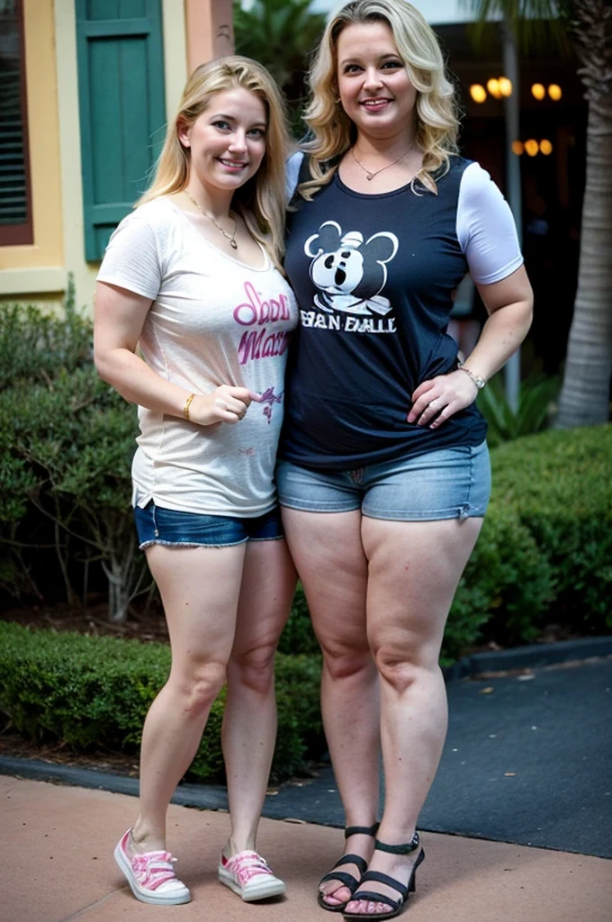 2 heads, Two mothers, 39 years old, Irish, Wavy blonde hair, Curvy, Affectionate, cute, Casual clothing, Standing with her young daughter at Walt Disney World,