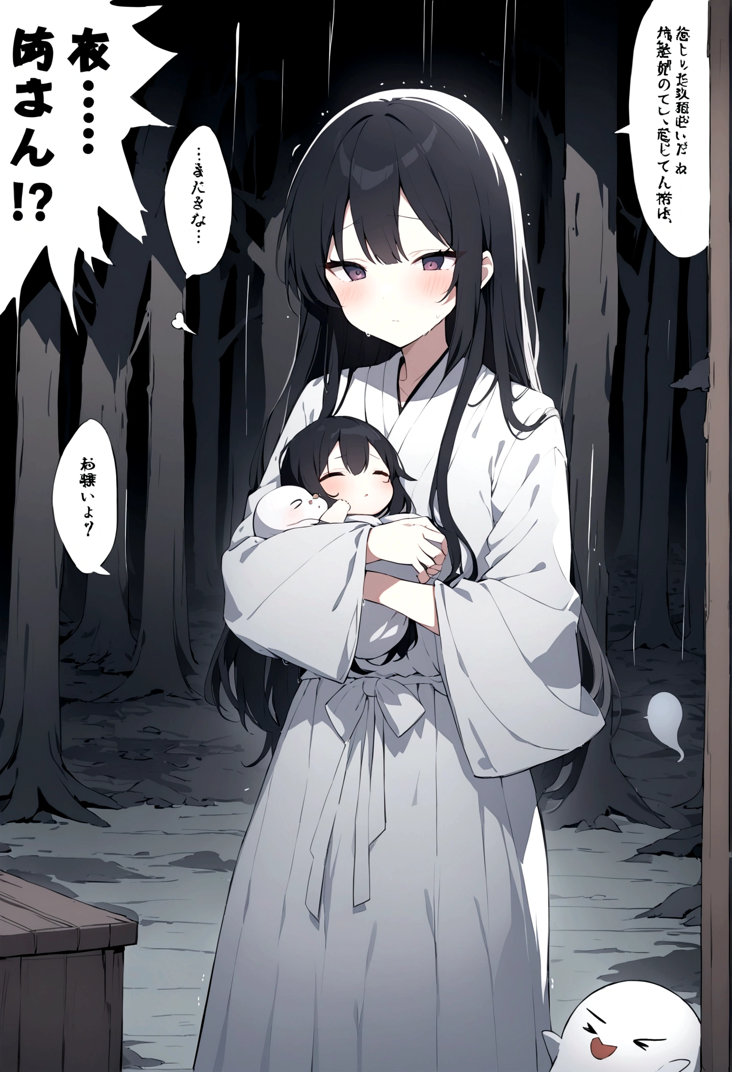 Japanese Yokai「Birds of Capture（Ubume）」Please draw。The era is the Edo period。Birds of Captureは、A ghost of a woman with long black hair that appears at night.、The image shows her breastfeeding her baby while getting wet in the rain.。She has a pale and sad face、Wearing white funeral clothes。hair is long and messy。Set the background as a dark and spooky forest and an old abandoned shrine。Create an overall sad and mysterious atmosphere.。
