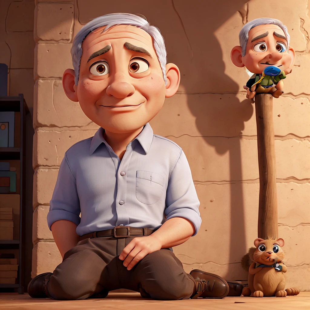 Create a 3D animation of a cartoon caricature with a big head. . A man named "Benjamin Netanyahu" aged 60. Full body view, His hair is very thin, gray, and sitting position, legs straight on the floor made of wood. The back of the body is leaning against a high pole in a room. The body position is tied, Rope wrapped around the body and tied to the pole. His face is oval with fine facial wrinkles, thick and neat gray eyebrows, normal eyes, straight aquiline nose, and wide open lips. Sad and scared facial expression, on the floor there are many rats close together as if they want to bite the man, He is wearing a prisoner uniform and orange prison pants. Gradient brown background with a little professional lighting. Masterpiece, best quality, very detailed skin and face, very realistic, high definition, studio lighting, sharp focus, 2/3 body angle, Concept Art, 3D rendering.