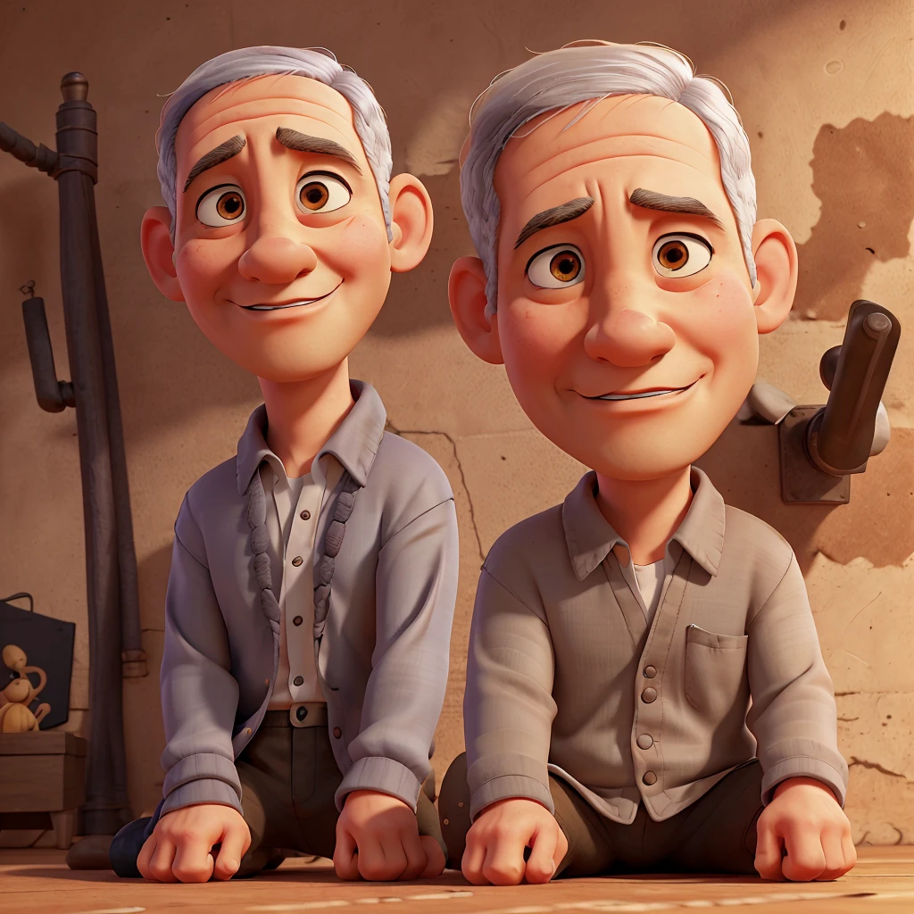 Create a 3D animation of a cartoon caricature with a big head. . A man named "Benjamin Netanyahu" aged 60. Full body view, His hair is very thin, gray, and sitting position, legs straight on the floor made of wood. The back of the body is leaning against a high pole in a room. The body position is tied, Rope wrapped around the body and tied to the pole. His face is oval with fine facial wrinkles, thick and neat gray eyebrows, normal eyes, straight aquiline nose, and wide open lips. Sad and scared facial expression, on the floor there are many rats close together as if they want to bite the man, He is wearing a prisoner uniform and orange prison pants. Gradient brown background with a little professional lighting. Masterpiece, best quality, very detailed skin and face, very realistic, high definition, studio lighting, sharp focus, 2/3 body angle, Concept Art, 3D rendering.