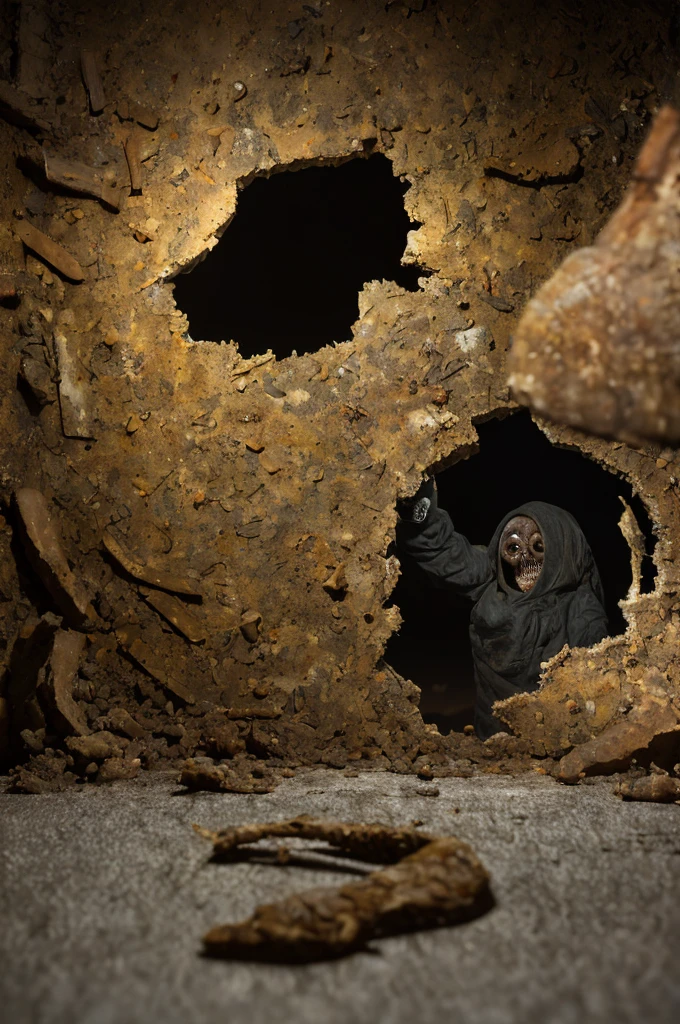 (masterpiece:1.2), (Highest quality:1.2), (Realistic:1.4), (Complex:1.2), (Ultra-realistic:1.2), High resolution, photograph, Realistic, RAWphotograph, Hyperrealism, 8K, (High resolution:1.4), Analog Style, Portraiture, Disgusting Body Horror Person, (ruins:1.4, At night, darkness), (Highly detailed background:1.4), Shallow depth of field, Scattered beneath the surface, Best Shadow, It's dim, (Sharp focus:1.2), flashlight