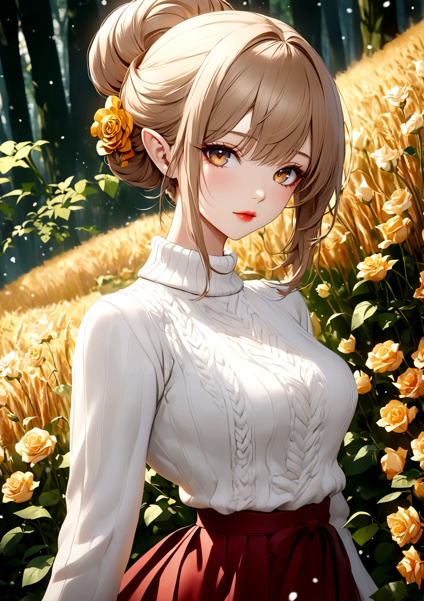 She is wearing a white sweater，The soft material fits her body curves，Showing off her graceful figure。The elegant cut and smooth lines make her look taller and slimmer.。Like an elf in the snow，And elegant。Hair is soft and smooth，Like golden wheat waves，Glittering in the sunlight。Her makeup is exquisite，The red lips are bright，Like a blooming rose，People can't help but want to kiss Fangze。Two eyes bright and energetic，It seems to be able to see through people's hearts，Don&#39;t dare to deceive anyone。Stylized dressing gives people a fresh and natural feeling，Beauty and temperament cannot be ignored。It's like a work of art，Every detail has been carefully carved and polished。A dark forest,best quality,3D Style,Dynamic Style, masterpiece,detailed beautiful heart-shaped face,ultra high res,1girl,looking at viewer, (sweater dress),((upper body)),Models,half updo,Her hairstyle is half up，She has retained her youthful vitality，Adds a sense of maturity and stability。Her hairstyle makes her face more prominent，More refined and beautiful。Slender and slender fingers，Lightly draped around the waist，As if telling of her elegance and confidence。
