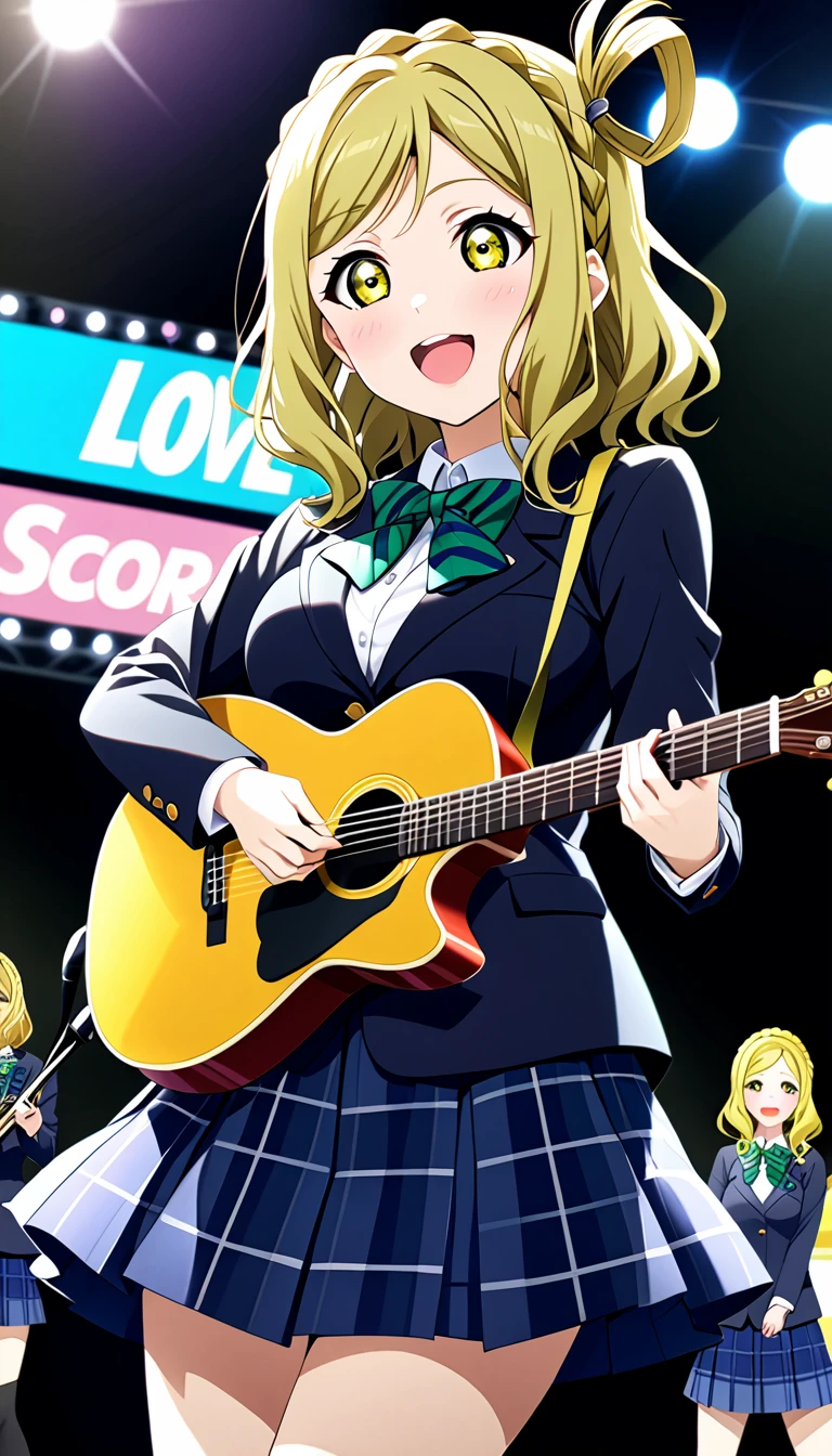 ohara mari, love live! sunshine!, hair rings, blonde hair, yellow eyes, crown braid, medium hair, large breasts , otonokizaka winter uniform, green striped bow tie, navy blue blazer, blue striped skirt, singing on stage,from front :d, knee high socks, (1girl), (solo),BREAK score_9, score_8_up, score_7_up, score_6_up, source_anime