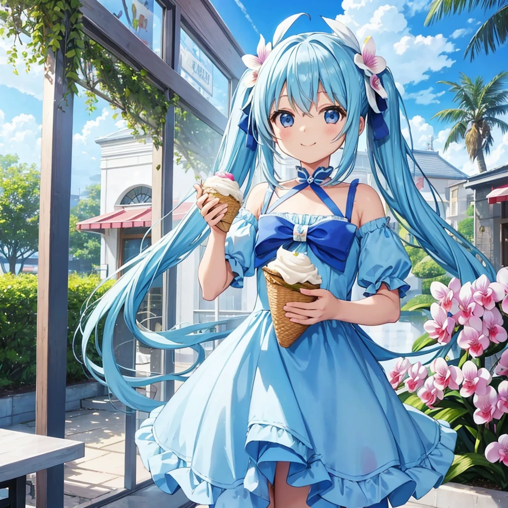 light blue long hair、Chibi character with twin tails、blue sky、Eating a large ice cream at a cafe filled with orchid flowers in a beautiful orchid flower garden.、happy smile、cute costume、