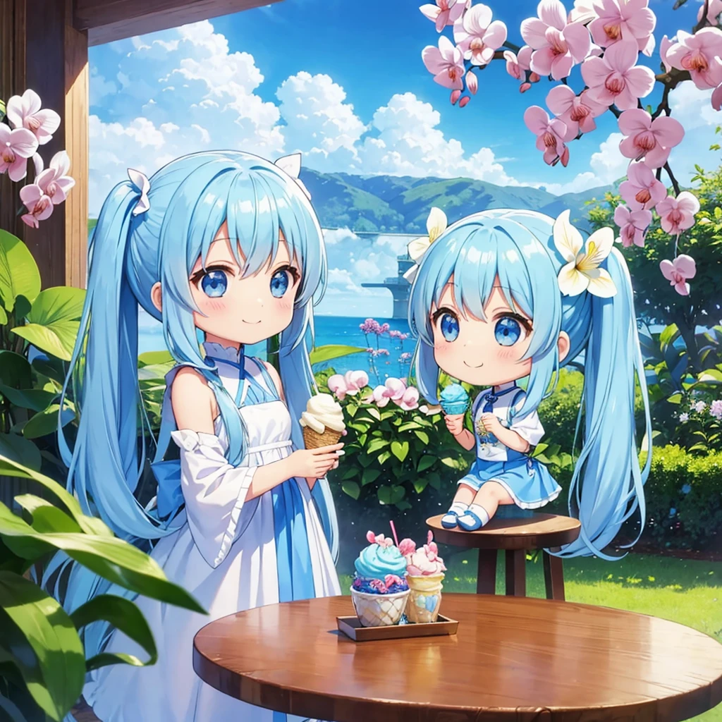 light blue long hair、Chibi character with twin tails、blue sky、Eating a large ice cream at a cafe filled with orchid flowers in a beautiful orchid flower garden.、happy smile、cute costume、