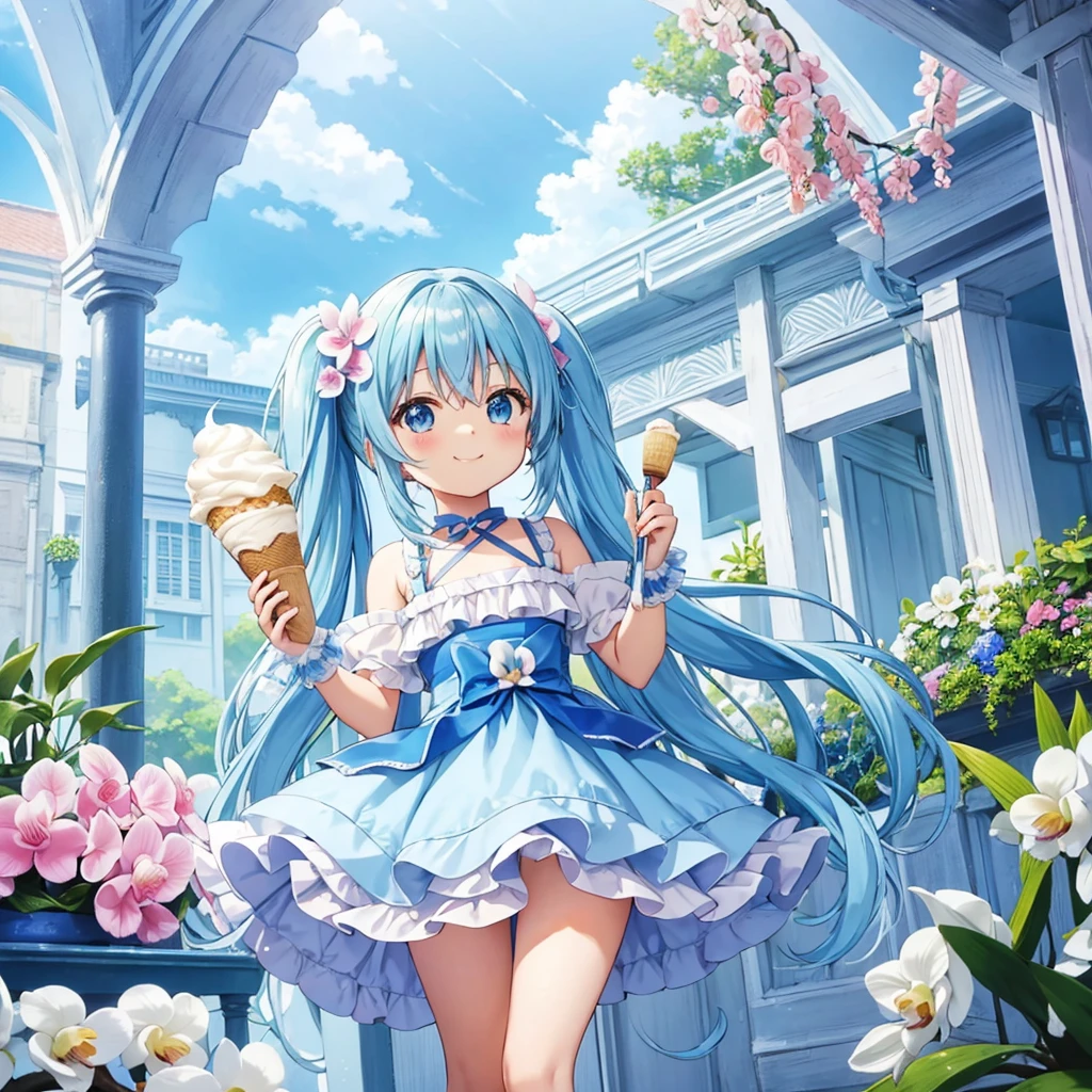light blue long hair、Chibi character with twin tails、blue sky、Eating a large ice cream at a cafe filled with orchid flowers in a beautiful orchid flower garden.、happy smile、cute costume、