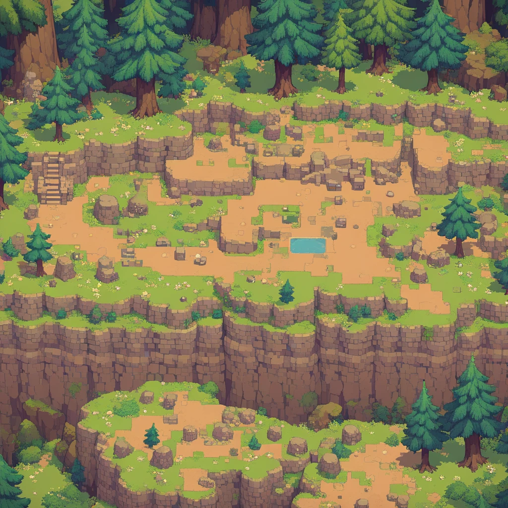 retro video game style,pixelated, vibrant pastel colors,8-bit characters,blocky shapes,sharp lines,detailed shading,classic gaming vibe,nostalgic atmosphere,classic arcade games,masterpiece:1.2,ultra-detailed,illustration style, 2d texture, stone texture, 4 k seamless mud texture, video game texture, dirt texture, tileset, game tiles, grass, trees, rock texture, detailed trees, topdown view, game texture, game art, tileable texture, very detailed cliff texture, intricate stones, top down view, 3/4th perspective