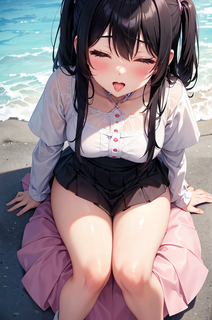 From above, (Close ~ eyes:1.2) One Girl, blush, sit, beautiful girl,skirt, Anime move,Two Side Up、(Gloss Lip)、Thick lips,Kissing Face,Open your mouth、Sticking out tongue、saliva、Black Hair