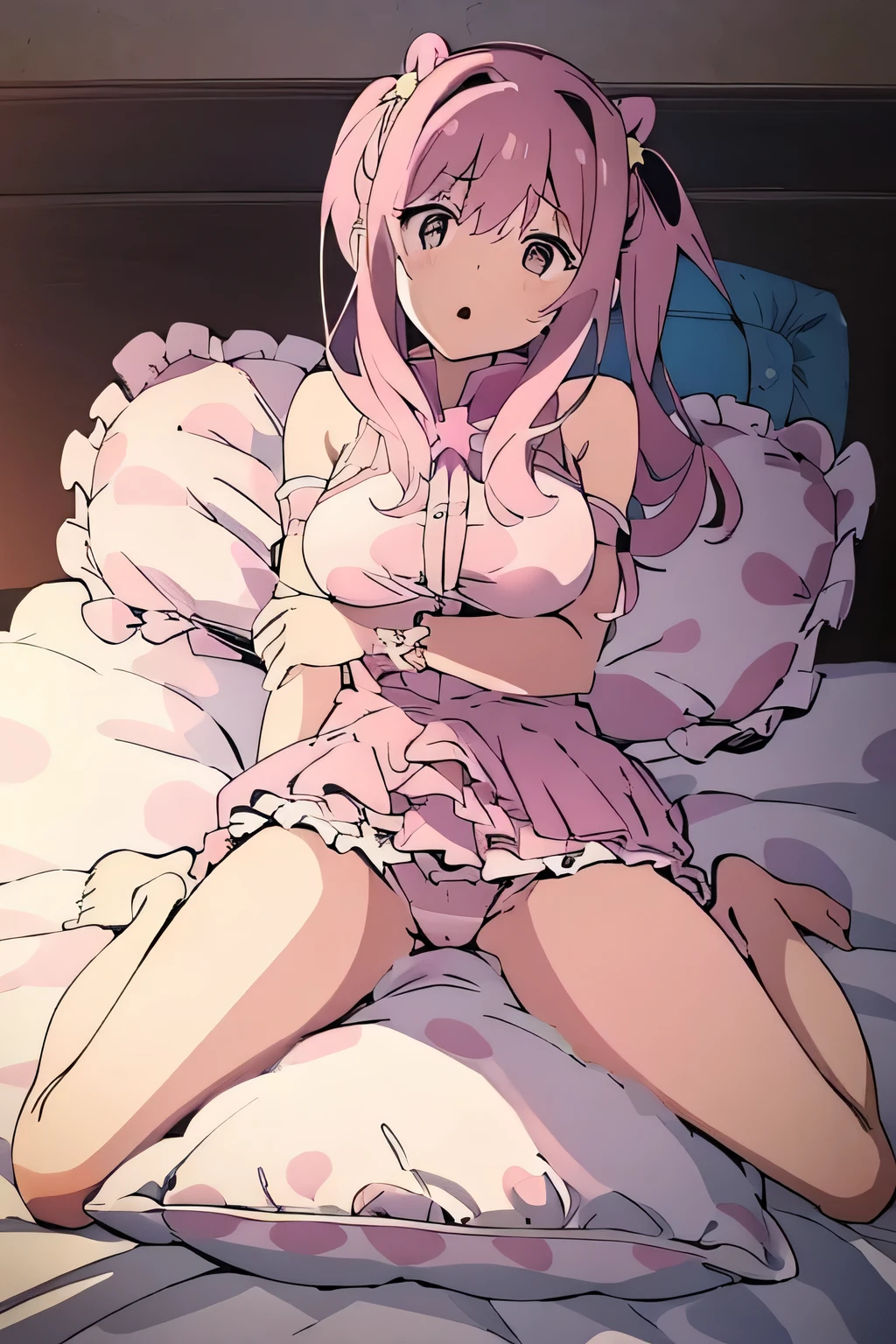 (best quality, masterpiece),mine , details), (Light and shadow oxtail , bed background, Cute girl posing on pillow ,Pillow,(piles of Pillow),Upholstered,((four poster bed)),Soft pillow quotation,Lots of Pillow,(Pillow),The love surrounding the protagonist,steam,Luxury Pillow),(luxury bed),(Gorgeous pattern pillow),luxurious pillow,(bedroom ),pillow humping,hump,open mouth,red eyes , kneeling,(Love around the protagonist),(Steaming hot),(pillow),Four poster bed,Canopy bed,Lots of pillow heads,princess bed , long hair , frilled pillow , ((pink polka dot pillow)) , big pillow