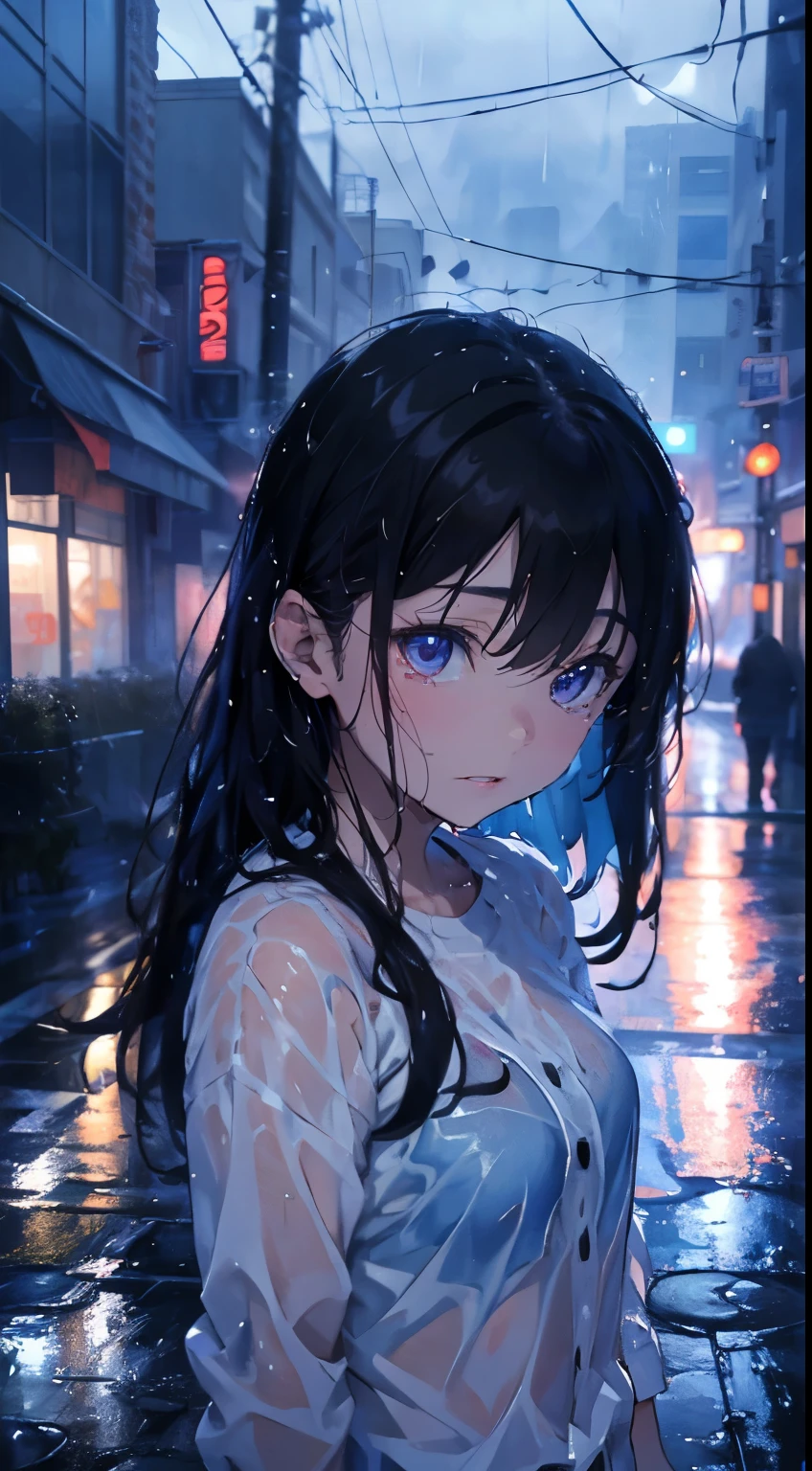 ( Highest quality,4K,8K,High resolution,masterpiece:1.2),Super detailed,(Realistic,photoRealistic,photo-Realistic:1.37),rainy scene,stress,Outdoor,Gloomy atmosphere,Realistic droplets on the face,Soaked clothes,Dark colors,despair,Devastation,Lonely,Lost in Thought,Emotional,Wet roads,Apply mascara to your face,Tears ran down my cheeks.,Rain-soaked hair,Water dripping from hair,Shrug,Visible sadness,Pouring rain,thunderstorm,Severe Weather,Tragic,Deep sorrow,heartache,negative emotion,despairing expression,Cold and wet,pale,Heavy rain,Wet pavement,Tears fall rapidly,Lonely,Devastation