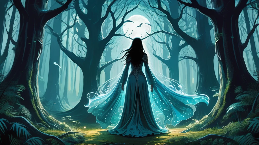 Amidst the ethereal glow of the Enchanted Forest, where ancient trees entwine with cascading vines that shimmer with bioluminescent hues, walks a lone figure—a young girl with flowing black hair that cascades down her back like a river of shadows. Her attire, a medieval dress of midnight blue embroidered with silver threads that catch the faint moonlight filtering through the dense canopy, blends harmoniously with the enchanted flora and fauna that surround her.
The girl moves with a grace born of familiarity with the forest's labyrinthine paths, her steps guided by an instinct honed through years spent amidst its mystical embrace. Around her, the air thrums with the whisper of arcane energies and the distant melody of woodland spirits that frolic among the ancient roots and shimmering leaves.
Unknown to the denizens of nearby villages, she is whispered about in hushed tones as the 'Guardian of the Grove'—a figure whose presence is said to bring luck to those who tread lightly upon the forest's sacred ground and misfortune to those who dare to desecrate its sanctity. Legends speak of her communion with the woodland spirits and her ability to harness the latent magic that courses through the Enchanted Forest.
As she traverses the forest's enchanting landscape, the girl encounters challenges that test her resolve and unveil the forest's hidden depths—a spectral guardian that bars her path, an ancient riddle whispered by a wise old oak, or a mysterious artifact that pulses with untapped power.
In a realm where nature and magic intertwine, the girl's journey through the Enchanted Forest becomes a testament to resilience, intuition, and the enduring connection between mortals and the natural world. Her back view against the backdrop of moonlit ferns and towering trees evokes a sense of wonder and mystery, inviting the reader to delve deeper into the secrets that lie within this medieval fantasy world."