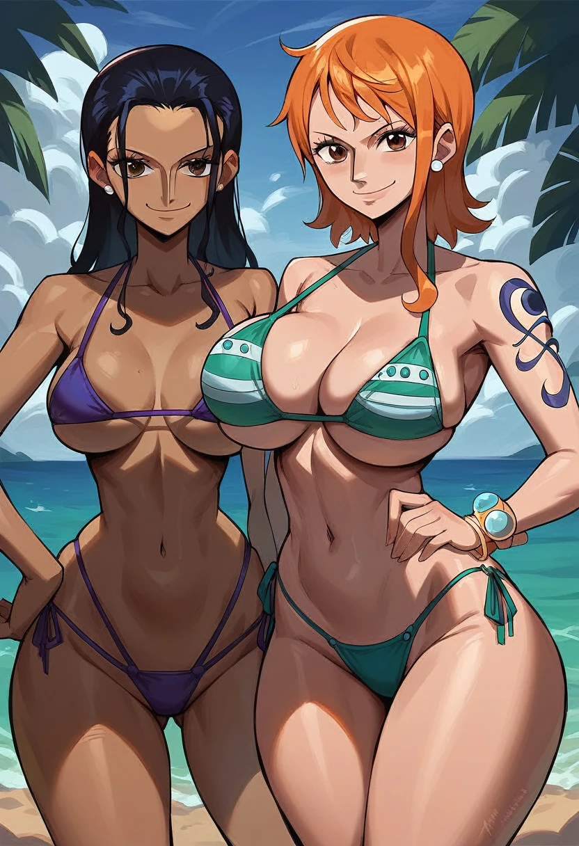 score_9, score_8_up, score_7_up, score_6_up, score_5_up, score_4_up, (masterpiece), best quality, expressive eyes, perfect face, (beach background), (2girl), (standing), (smirk), (cleavage view), (2girl, ((1girl, 18 years old, Nami, fair skin, orange hair, brown eyes, hourglass figure, thin body, skinny body, petite_body, short height, medium breasts), (green microbikini)), ((1girl, milf, Nico Robin, latina, brown skin, short black hair with bangs, bangs hairstyle, brown eyes, hourglass figure, thick body, curvy body, large breasts, wide hips, thick thighs), (purple microbikini)),