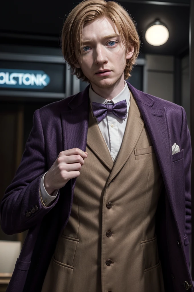 Domhnall Gleeson as The Doctor (Doctor Who), purple overcoat, brown suit vest, bow tie