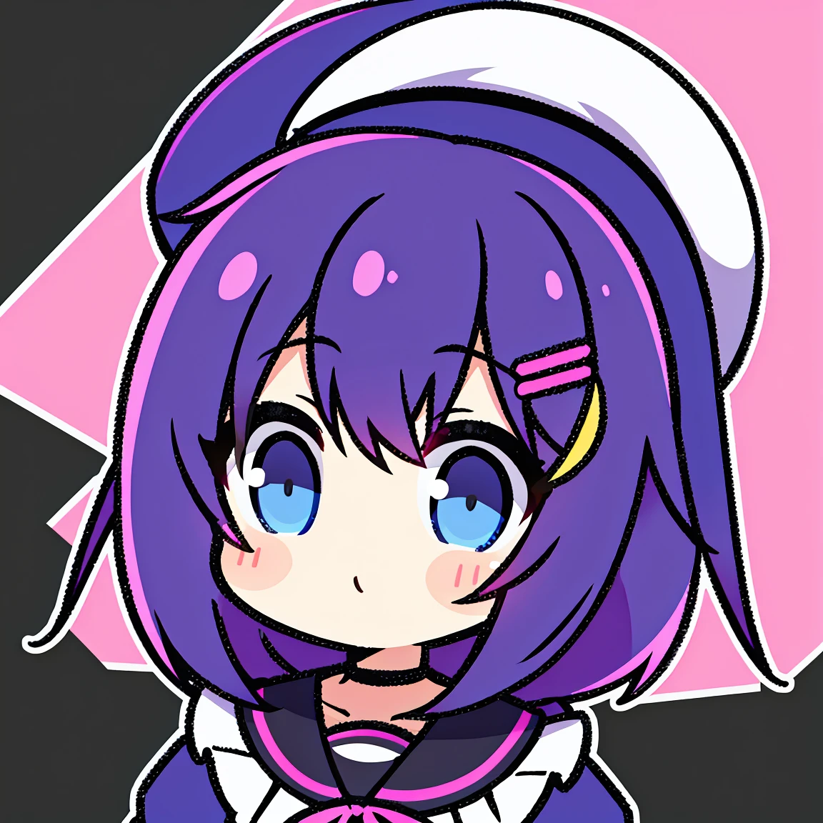 Anime Girls, 1 person, Pink Hair, Hair clip on the right side of the bangs, Black Hat, Bright Blue Eyes, White women's shirt, Small light blue ribbon on chest, Office Uniforms, Tight-fitting shirt, Tight Skirt, stockings,Little,whole body, Front view, alone、The background is bright yellow and orange、Stars are spread around the character、Book and pencil in hand、smile、smile